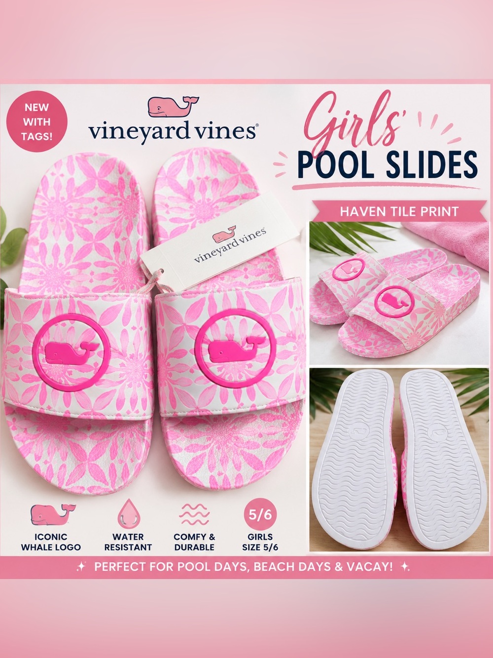 NWT Vineyard Vines Girls Haven Tile Print Pool Slides Pink Size 5/6